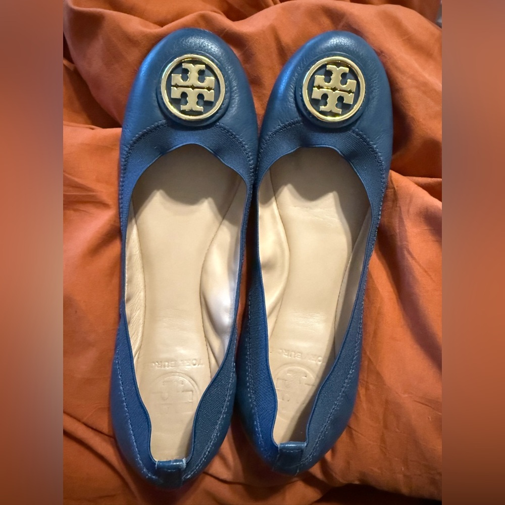 Tory Burch Royal Blue Flats with Gold Logo